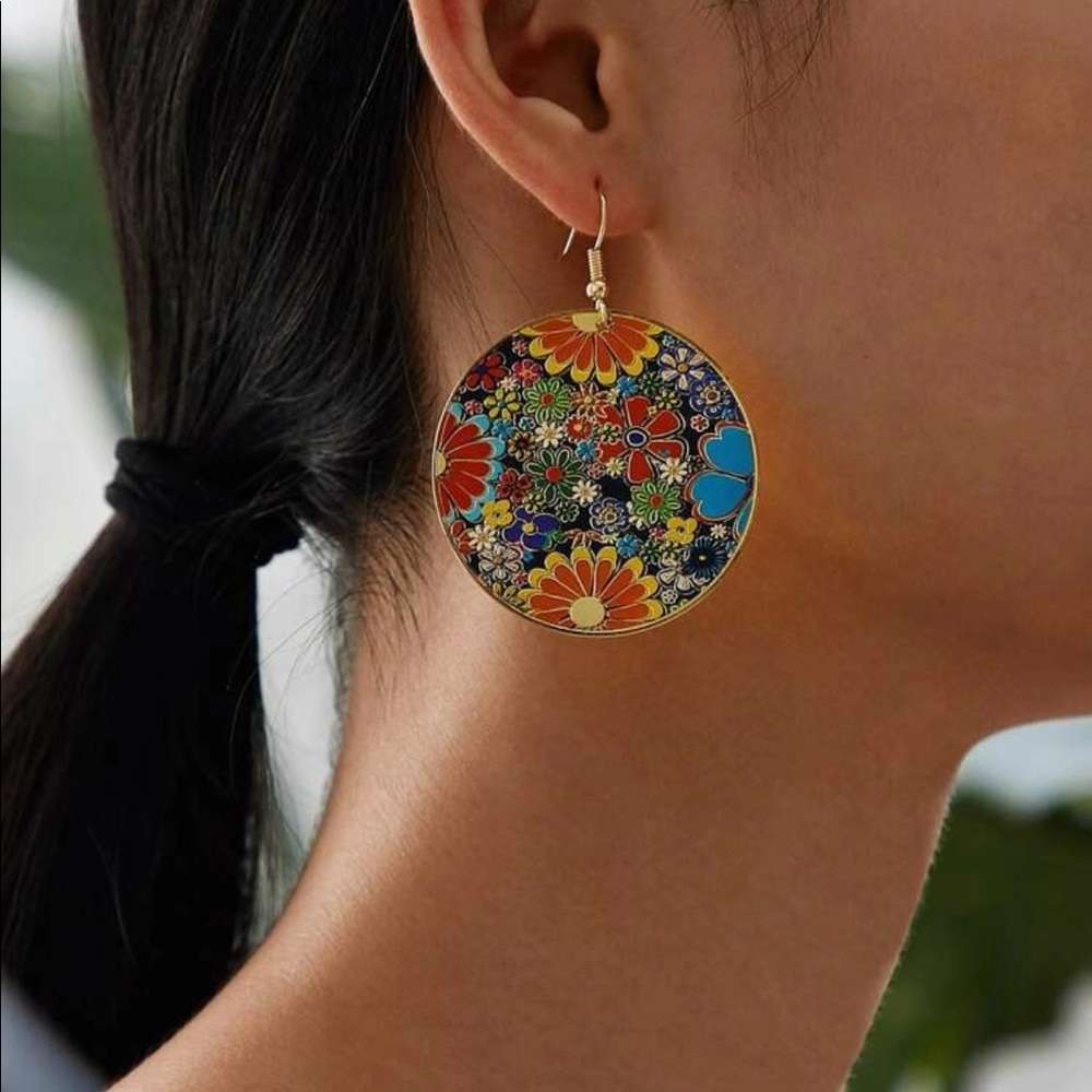 🎉 New Retro Flower Large Disc Earrings set